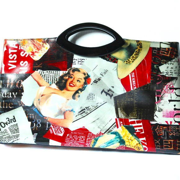 Jeanne Lottie Vintage Clutch Handbag Lucite Handles Newspaper Print - Picture 1 of 8